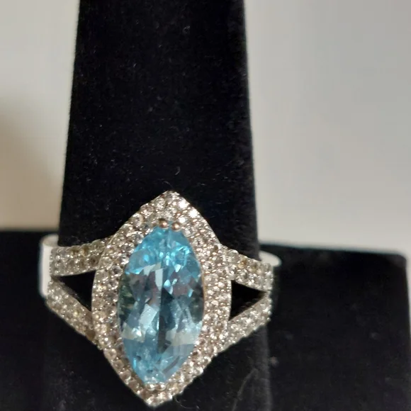 Vintage Sky Blue Topaz and White Zircon Sterling Silver Ring Size 10 - Picture 8 of 16
